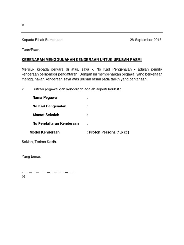 Contoh Surat Untuk Kenderaan Rasmi | PDF