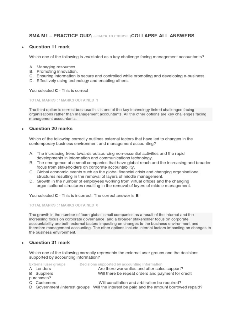 CPA_SMA M1 Practice Questions | Management Accounting | Strategic ...