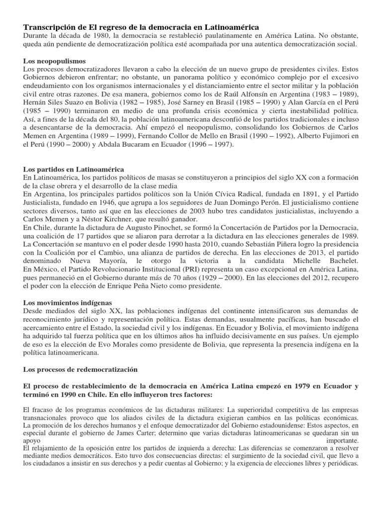 Regreso de la Democracia en Latinoamérica | PDF | America latina ...