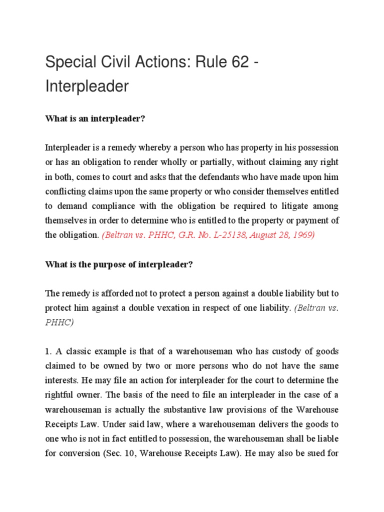Special Civil Actions: Rule 62 - Interpleader: What Is An Interpleader ...