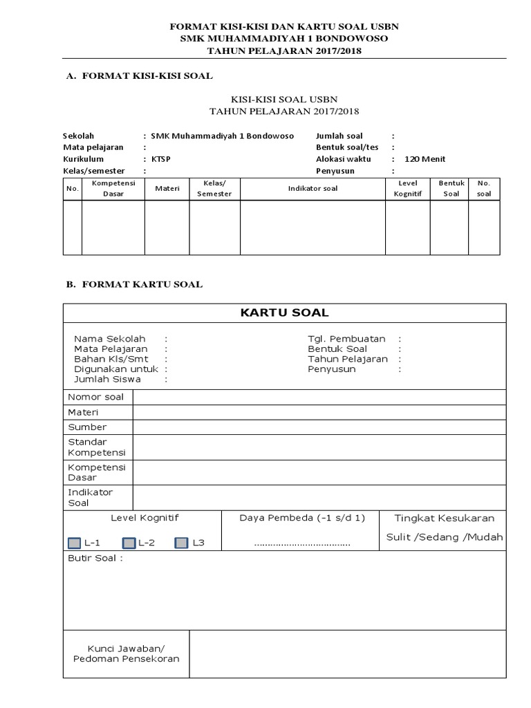 Form Kisi Kisi Kartu Soal Dan Rubrik Usbn