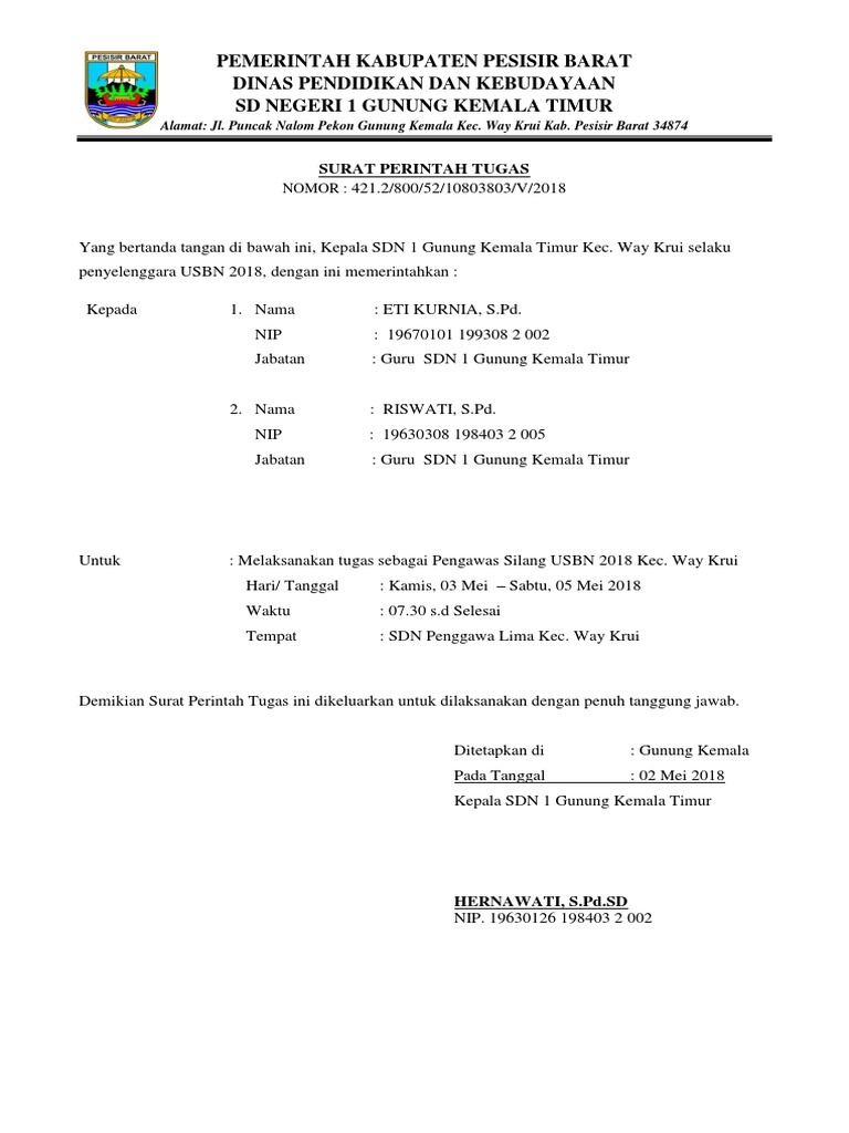 Surat Tugas Pengawas Ujian Sekolah Sd Pdf