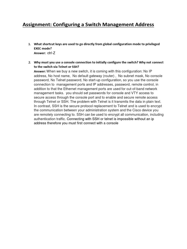 Assignment: Configuring A Switch Management Address: EXEC Mode? Answer ...