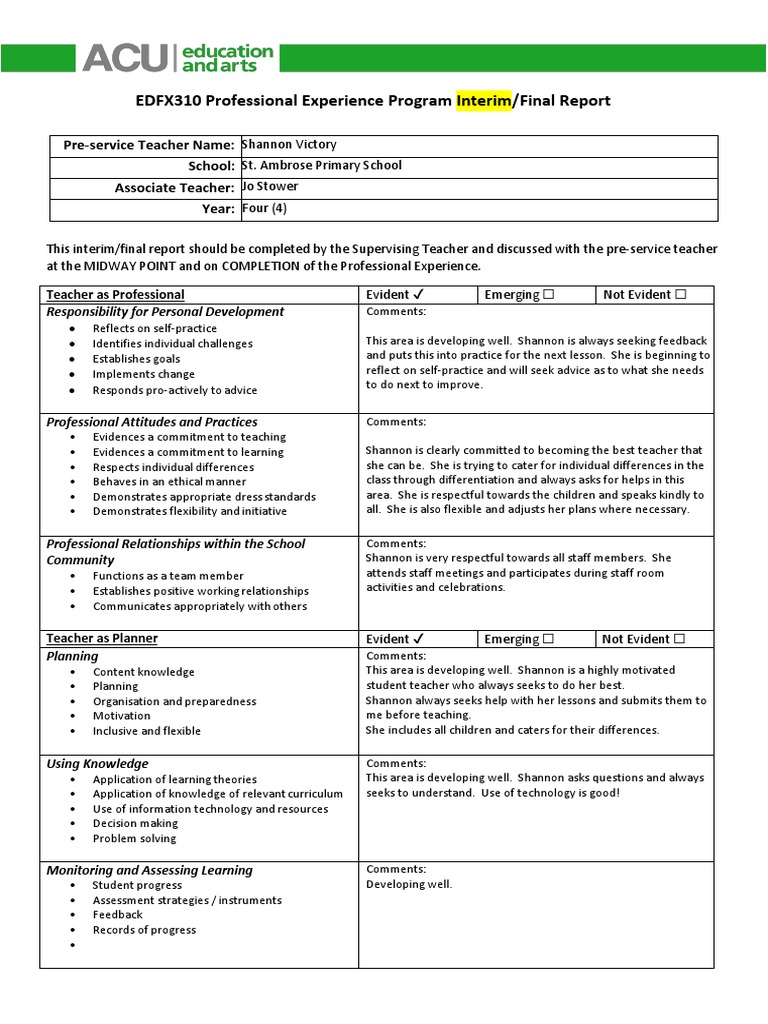 Shannon Victory's Teaching Report | PDF | Teachers | Motivation