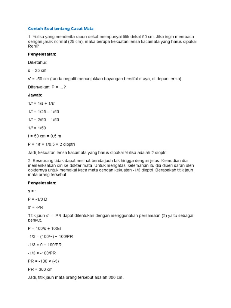 Contoh Soal Tentang Cacat Mata
