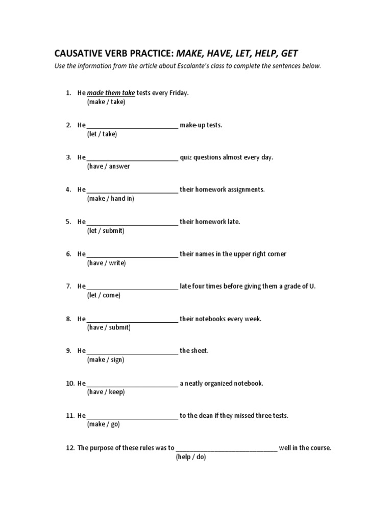 Causative Verb Practice Homework Teaching