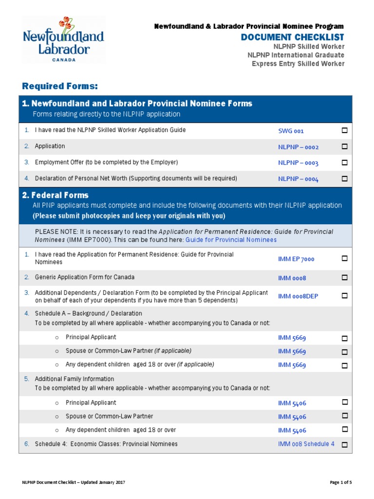 Document Checklist: 1. Newfoundland and Labrador Provincial Nominee ...
