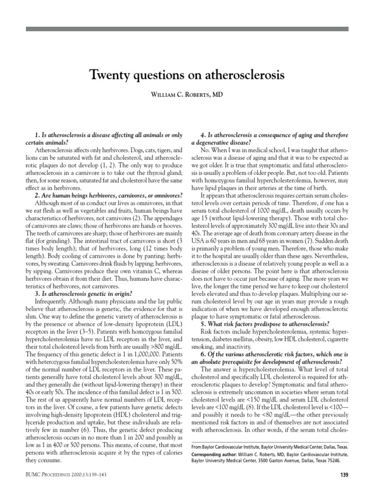 20 Questions On Atherosclerosis Pdf Cholesterol Atherosclerosis