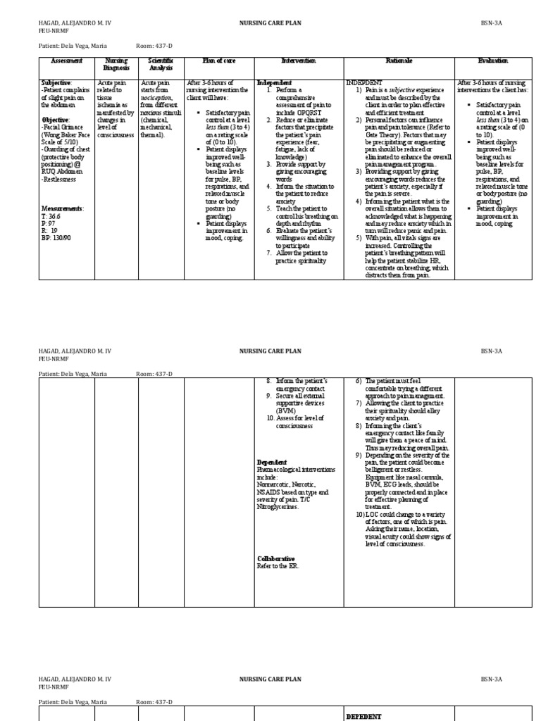 Nursing Care Plan for Acute Pain | PDF | Pain Management | Pain