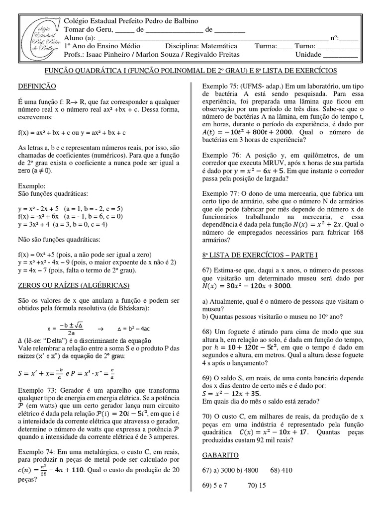 1º Ano 8ª Lista de Exercícios – Função Quadrática i 2018 | PDF | Função ...