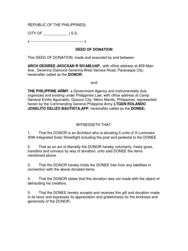 Deed of Donation Sample PDF Philippines Society