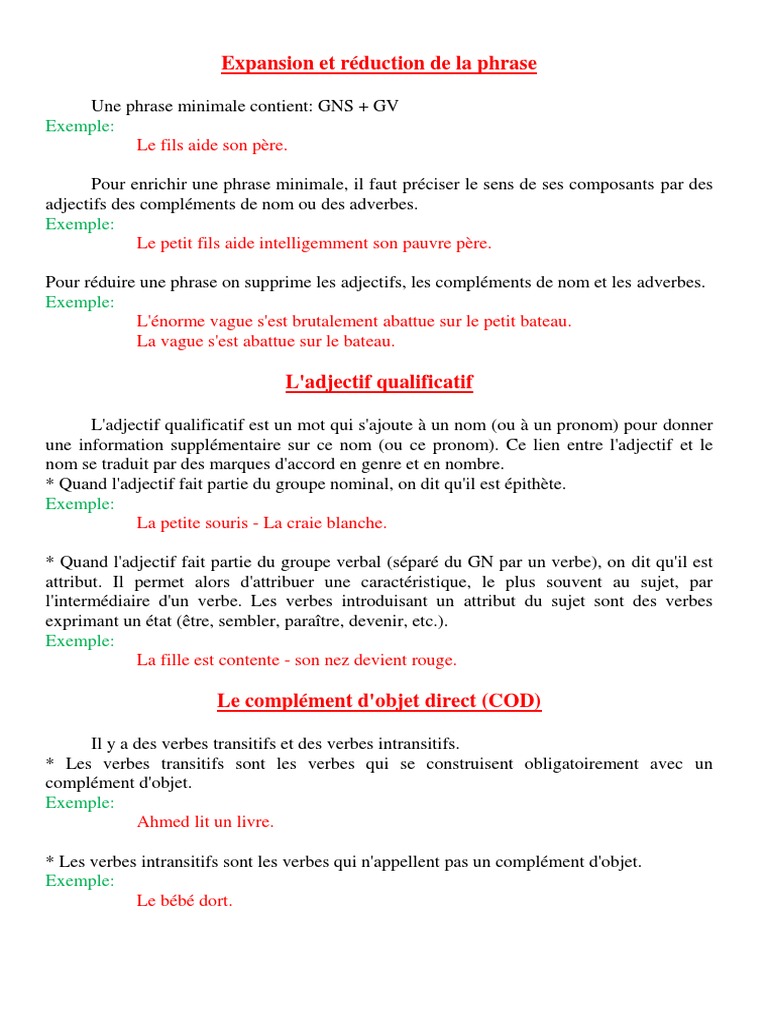 Expansion Et Reduction De La Phrase Pdf Genre Grammatical Nom Grammaire