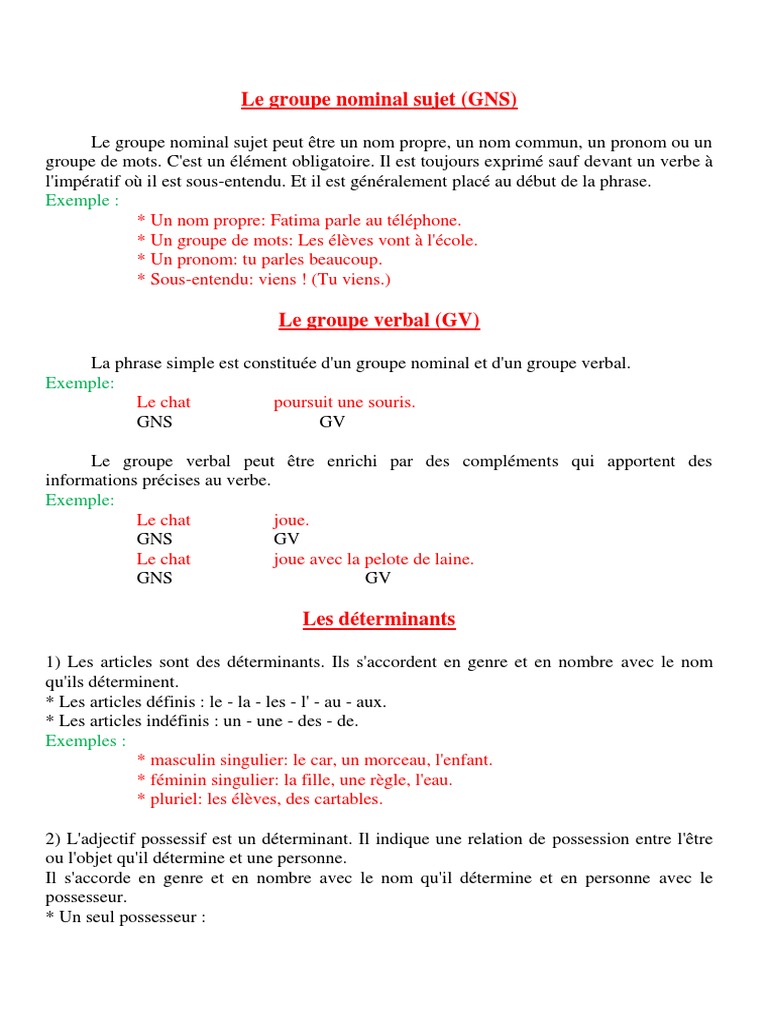 Le Groupe Verbal Exercices Corrigés Le Groupe Nominal Sujet (GNS) | PDF | Genre grammatical | Question