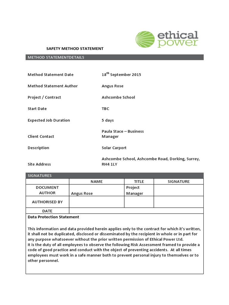 Safety Method Statement for Solar Project | PDF | Personal Protective ...