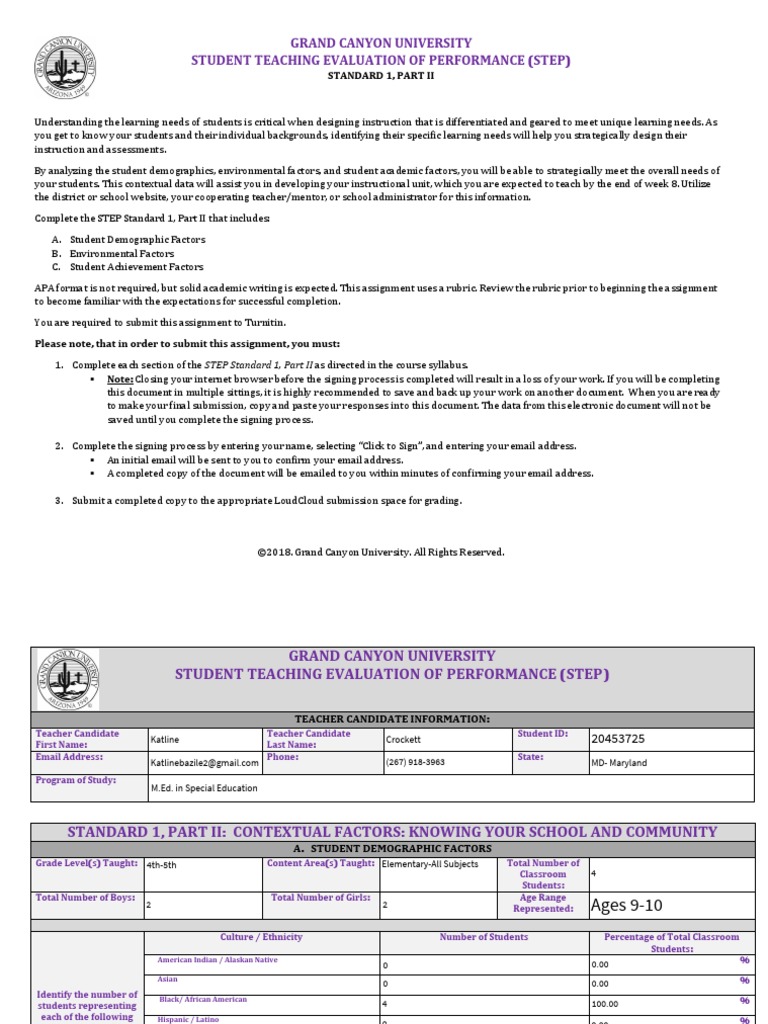 Gcu Student Teaching Evaluation of Performance Step Standard 1 Part II ...