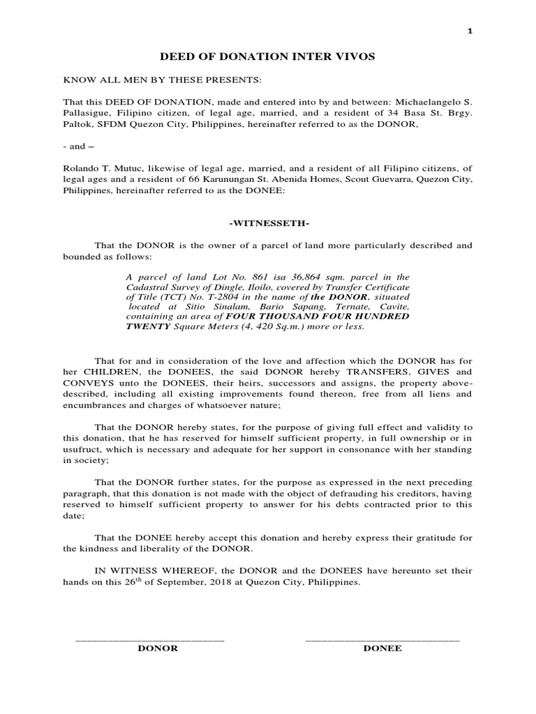 Deed of Donation Inter Vivos Property Property Law