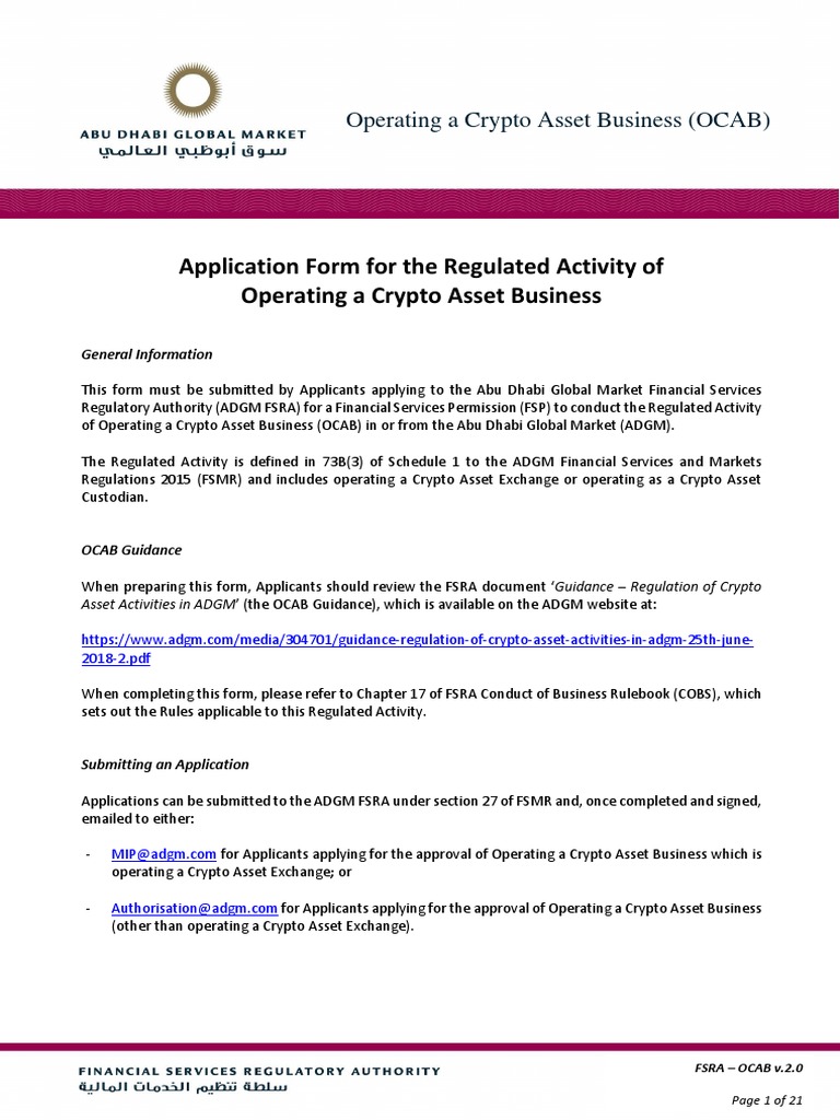 Fsra Application Form Operating A Crypto Asset Business Ocab v20 | PDF |  Regulatory Compliance | Cryptocurrency