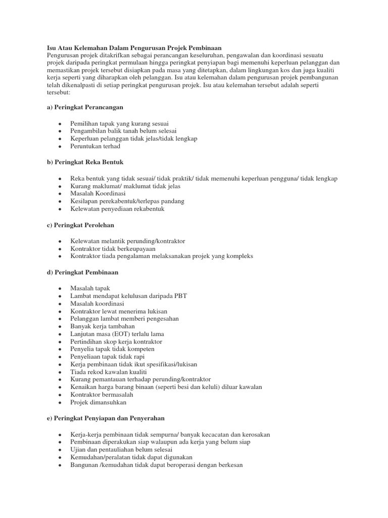 Isu Atau Kelemahan Dalam Pengurusan Projek Pembinaan Pdf