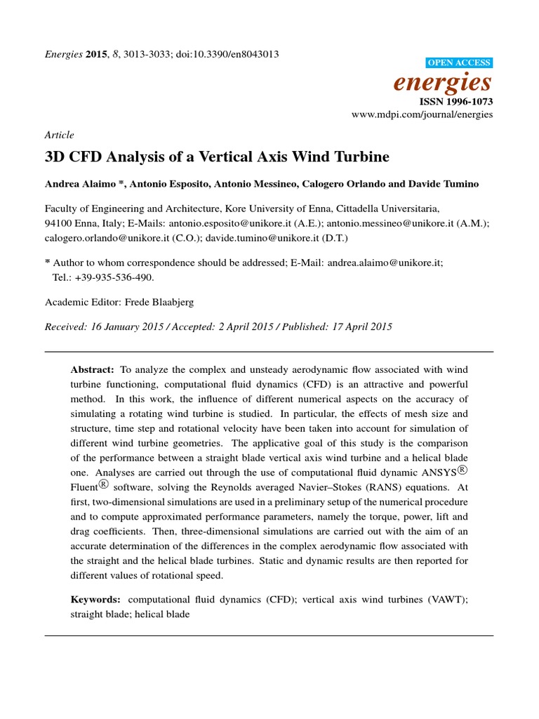 3D CFD Analysis of A Vertical Axis Wind Turbine PDF | PDF ...