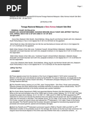 Tenaga Nasional Malaysia V Batu Kemas Indust  PDF  Duty Of Care 