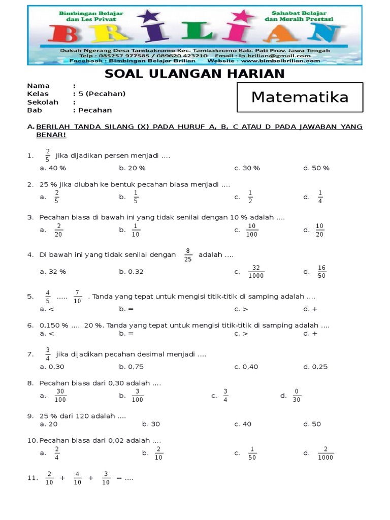 Soal Matematika Kelas 5 Sd Bab 6 Pecahan Dan Kunci Jawaban