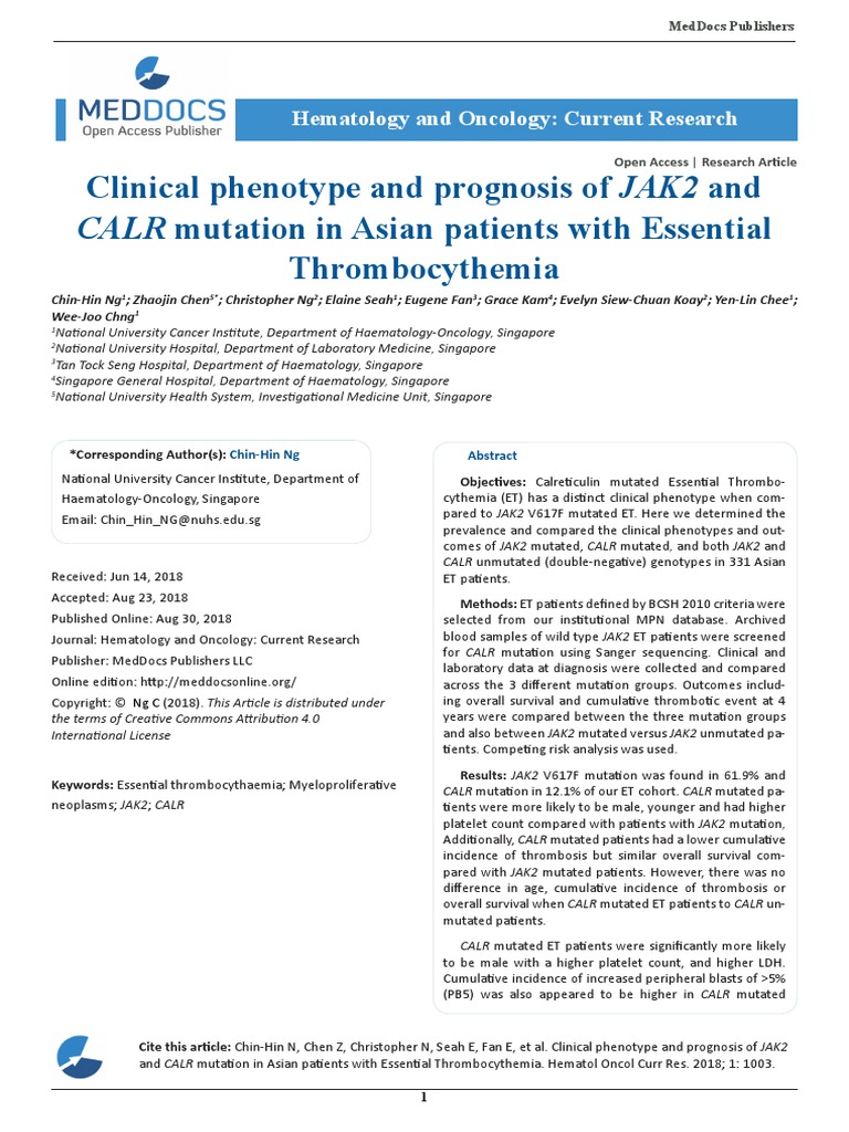 Clinical Phenotype and Prognosis of JAK2 and CALR Mutation in Asian ...