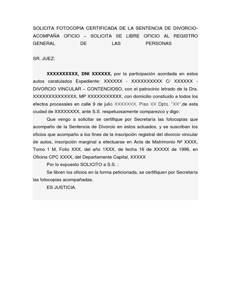 Solicitud de Copia Certificada de Divorcio | PDF