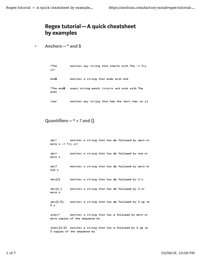 Regex TutorialA Quick Cheatsheet by Examples Anchors and