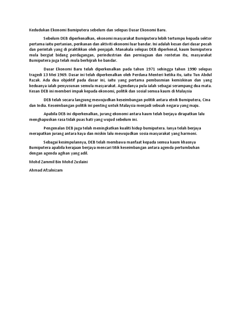 Kedudukan Ekonomi Bumiputera Sebelum Dan Selepas Dasar Ekonomi Baru Pdf