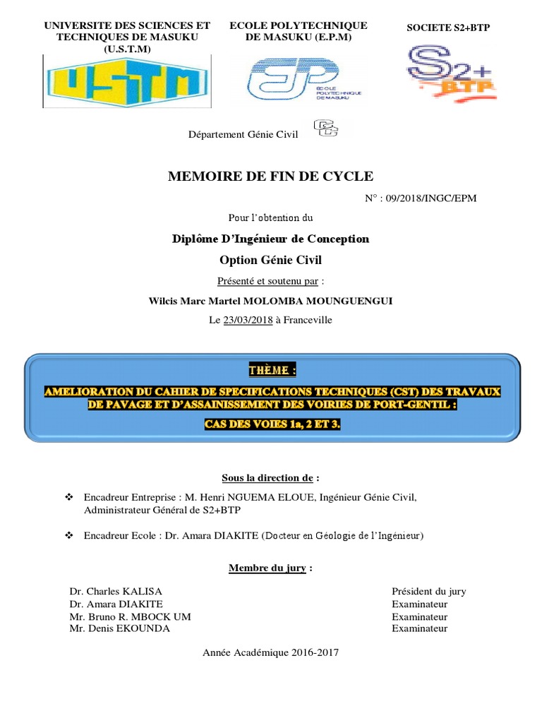 Page De Garde Petit Cahier Cc2 Amélioration Du Cahier de Spécifications Techniques (CST) Des Travaux de  Pavage Et D'assainissement Des Voiries de Port-Gentil | PDF | Entrepreneur  principal | Facture