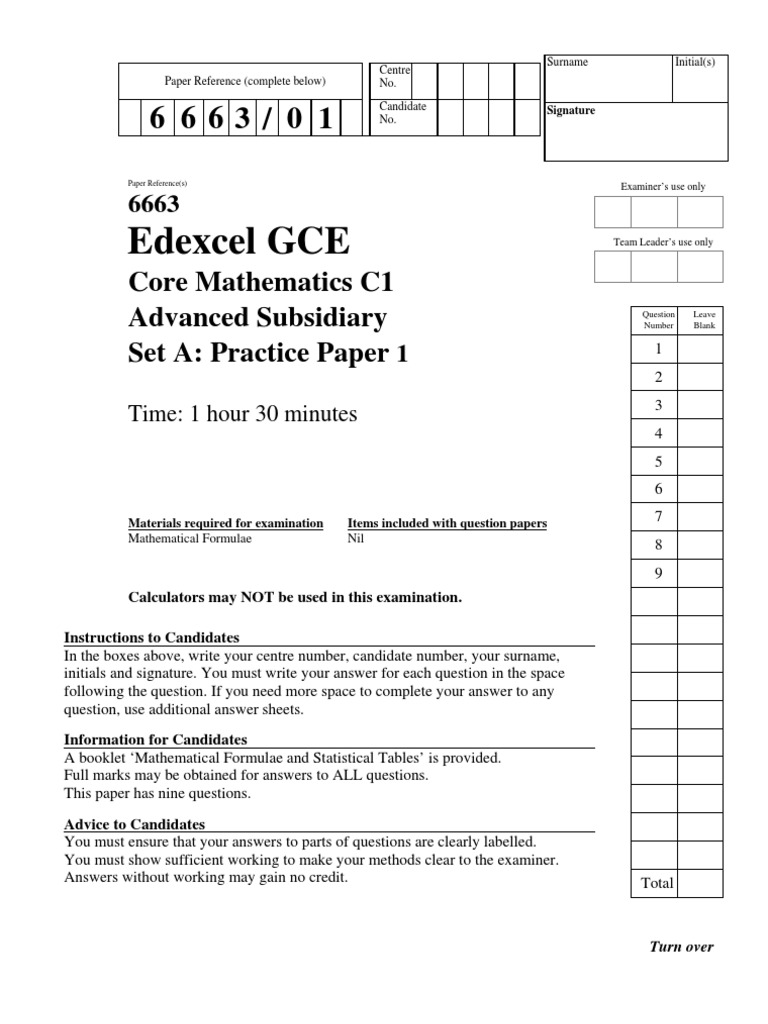 Edexcel GCE Core Mathematics C1 Practice | PDF | Area | Inequality ...