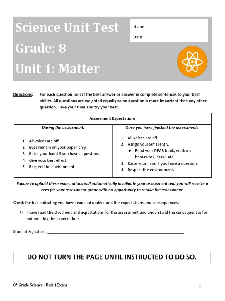 Science Unit Test Grade 8 Unit 1 Matter Do Not Turn The Page Until