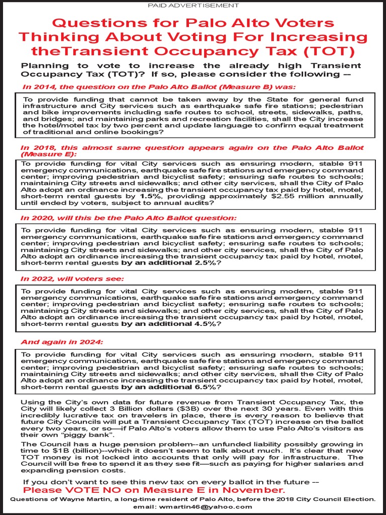 Ad Encouraging A NO Vote To Measure E Palo Alto TOT Tax Increase