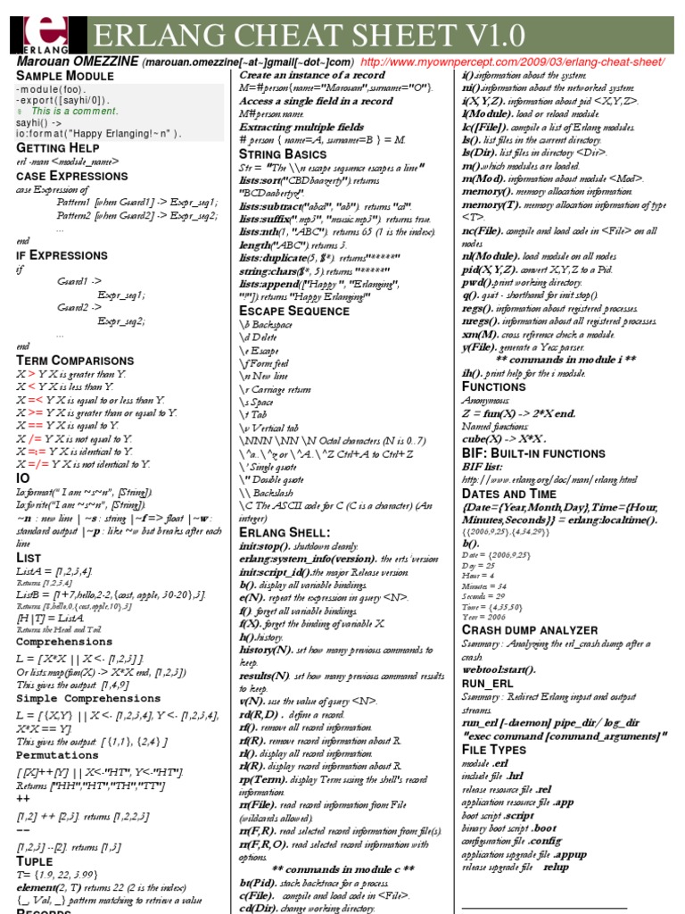 Erlang - Cheatsheet v1.0 | PDF