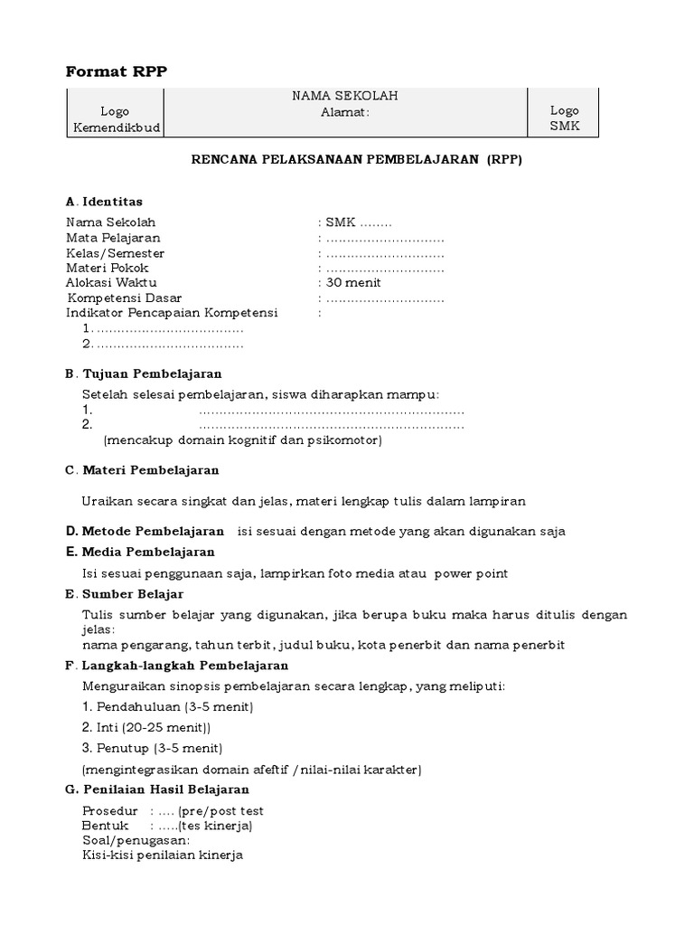 Format RPP Pembelajaran SMK | PDF