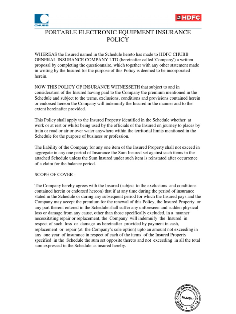 HDFC Portable Electronic Equipment Insurance Policy Wording PDF