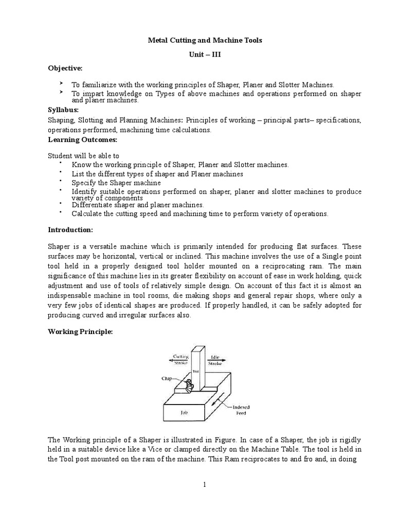 Metal Cutting and Machine Tools Unit III Objective PDF Machines