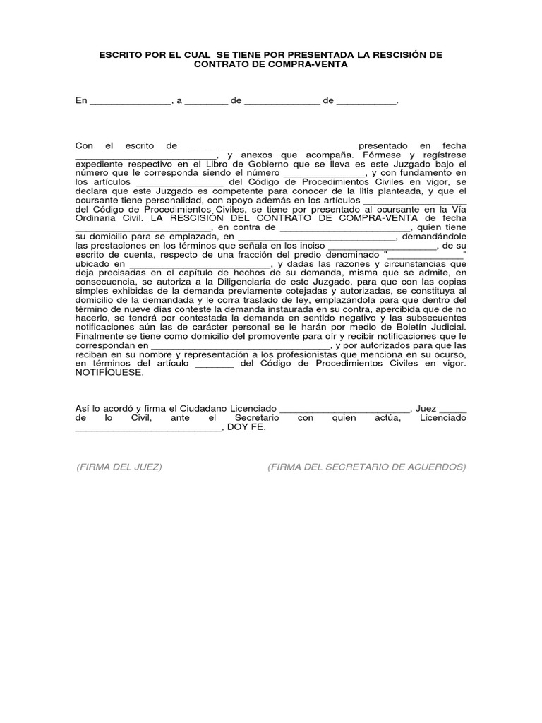 Escrito Por El Cual Se Tiene Por Presentada La Rescisión