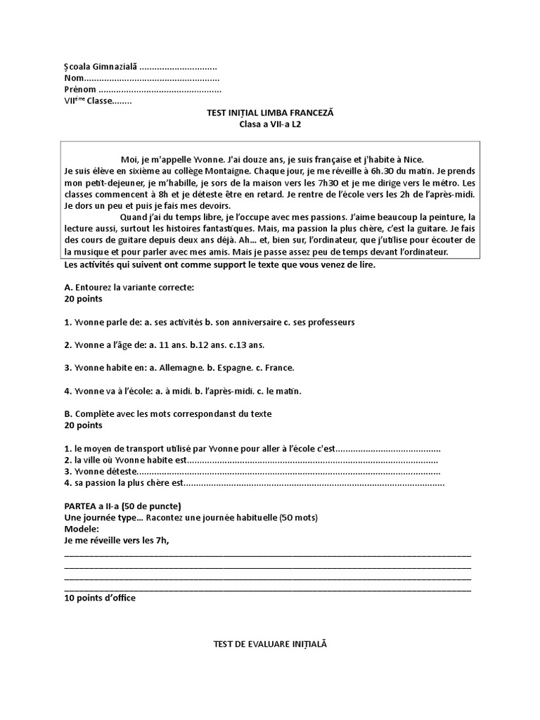 Test Initial de Français - Clasa VII | PDF | Linguistique