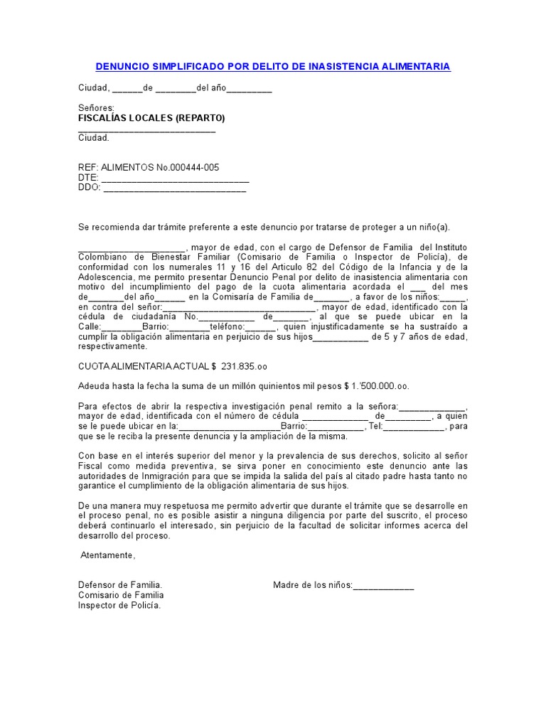 Denuncio Simplificado Por Delito de Inasistencia Alimentaria | PDF |  Instituciones sociales | Ciencias sociales