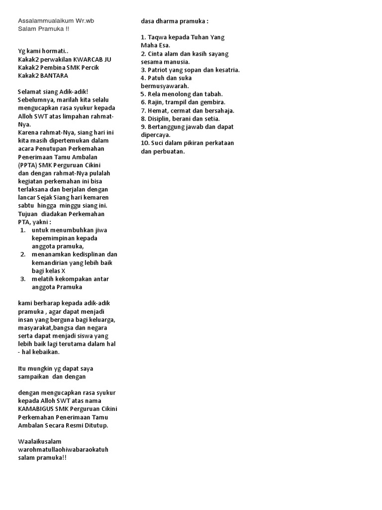 Contoh Sambutan Penutupan Persami