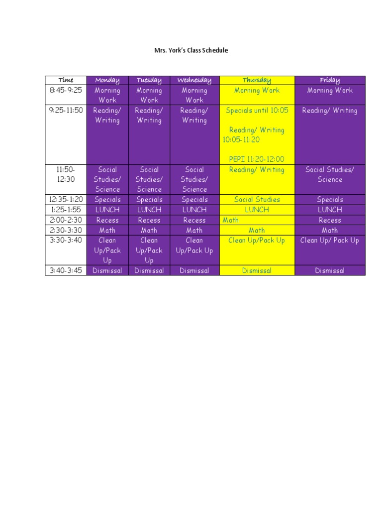 Mrs. York's Weekly Class Schedule | PDF | Language Arts & Discipline