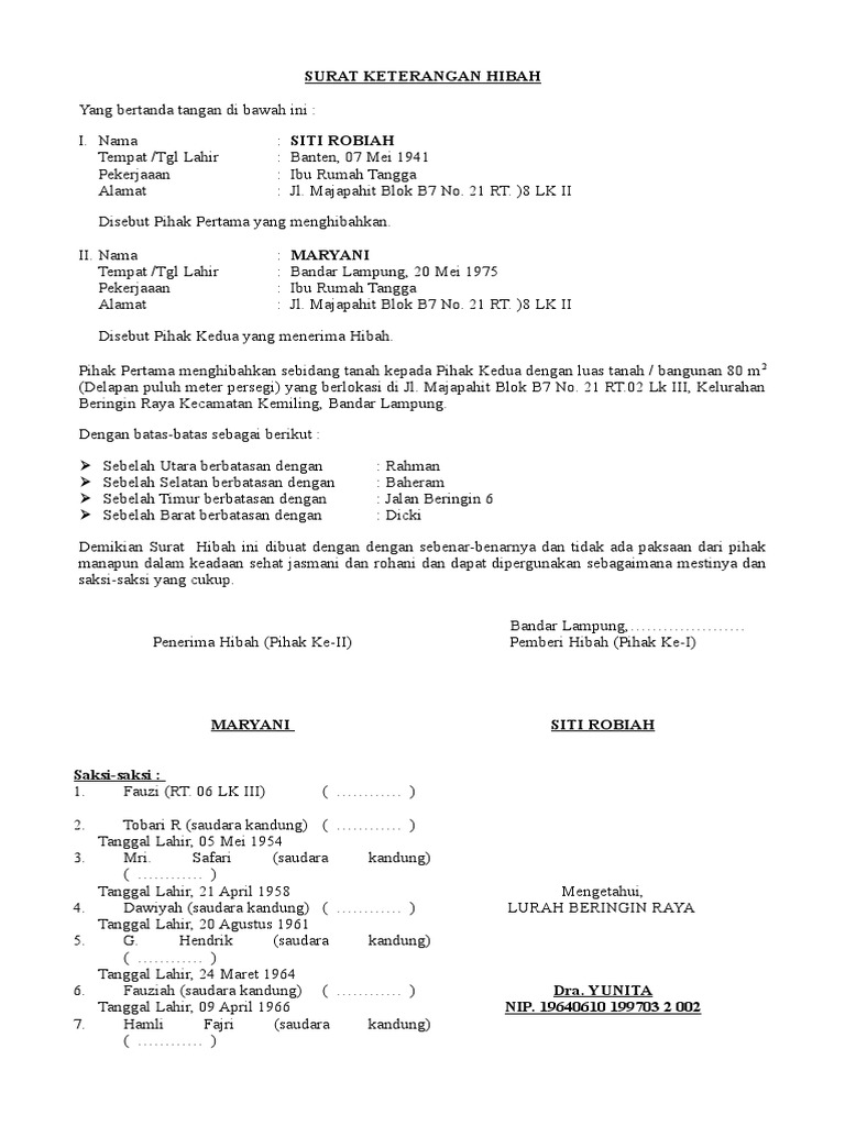 Contoh Surat Hibah
