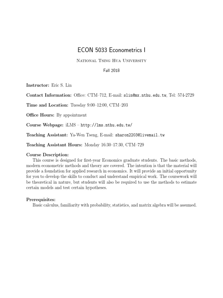 Econometrics I Course Overview 2018 | PDF | Econometrics | Regression ...