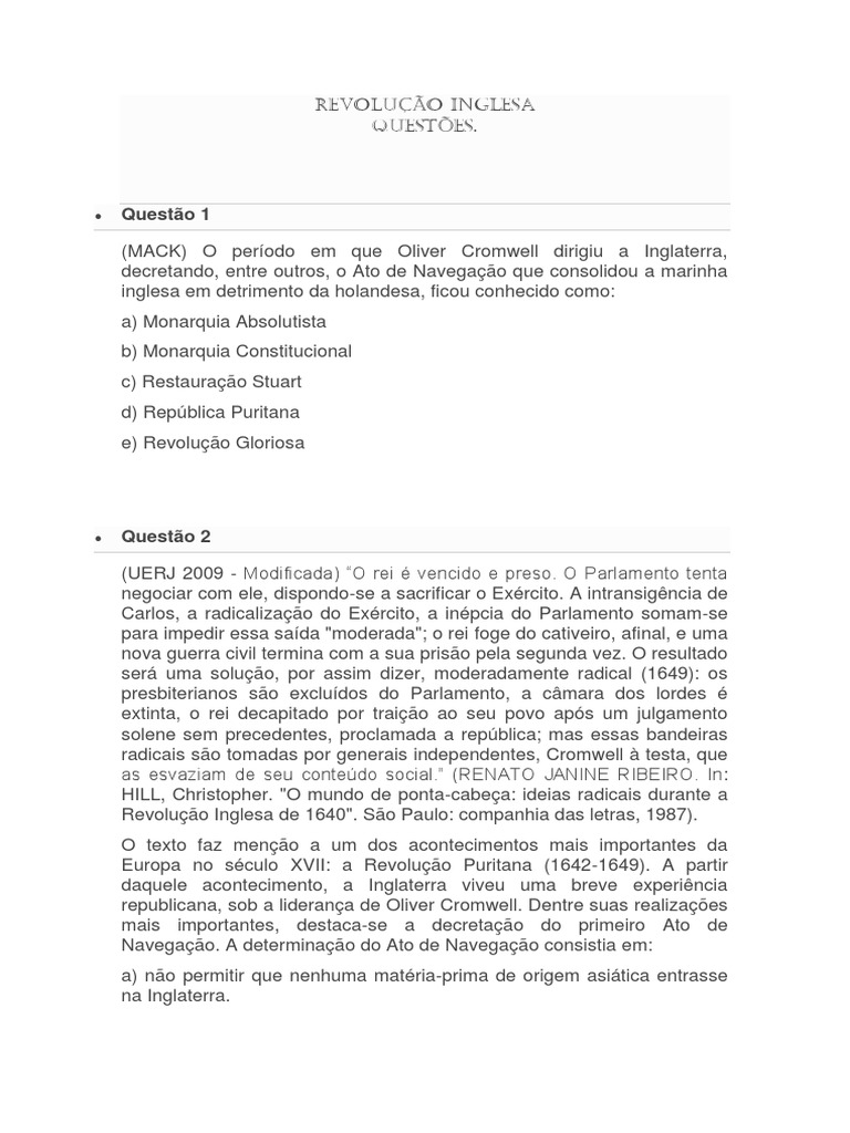Questões sobre a Revolução Inglesa | PDF | Guerra Civil inglesa ...