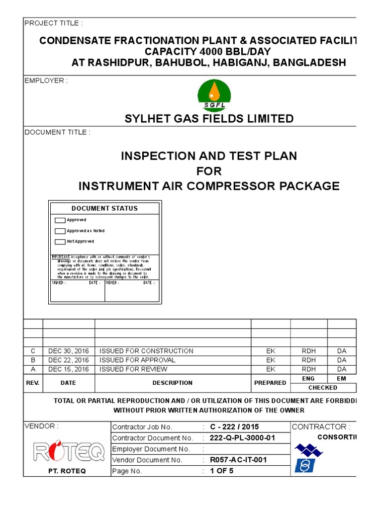 Inspection Plan for Air Compressor Package | PDF | Specification ...