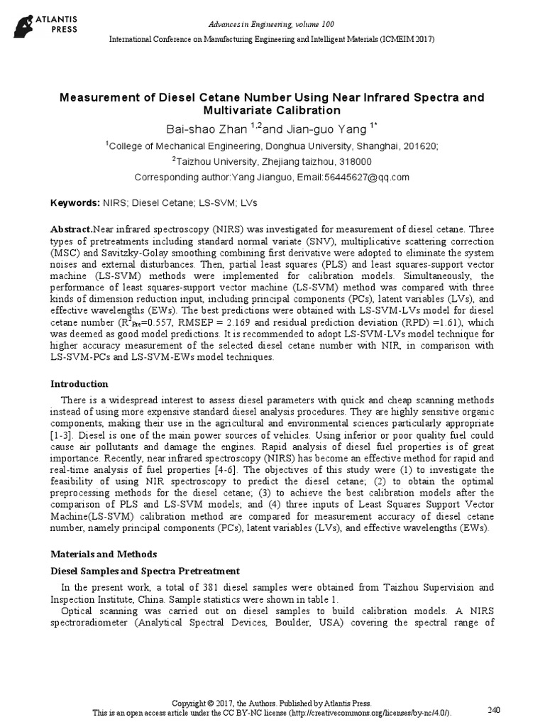 Measurement of Diesel Cetane Number Using Near Infrared Spectra and