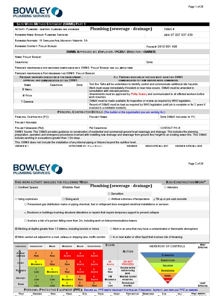 Plumbing SWMS for Bowley Services | PDF | Emergency Management ...