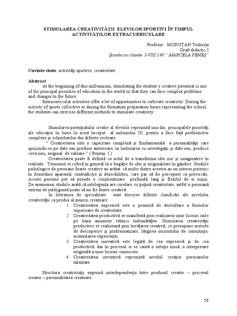 Stimularea Creativitatii Elevilor Sportivi In Timpul Activitatilor Extracurriculare