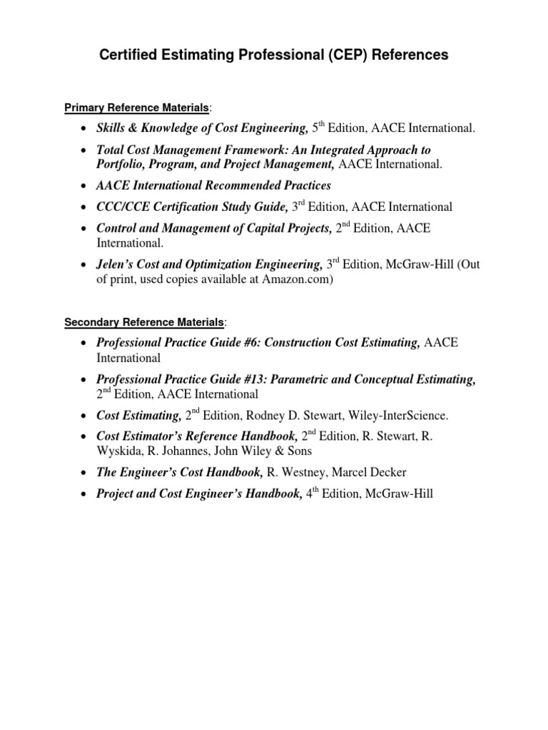Certified Estimating Professional (CEP) References: Portfolio, Program ...